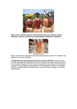 Assim como a pintura corporal a arte plumária serve para enfeites: mantos, 
máscaras, cocares, e passam aos seus portadores e