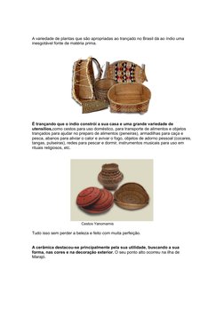 A variedade de plantas que são apropriadas ao trançado no Brasil dá ao índio uma 
inesgotável fonte de matéria prima. 
É tran