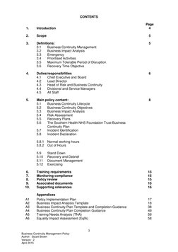 3 
Business Continuity Management Policy 
Author:  Stuart Brown 
Version:  2 
April 2015 
 
CONTENTS 
 
 
 
Page 
1. 
Introdu