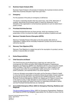 6 
Business Continuity Management Policy 
Author:  Stuart Brown 
Version:  2 
April 2015 
 
3.2 
Business Impact Analysis (BI