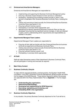 8 
Business Continuity Management Policy 
Author:  Stuart Brown 
Version:  2 
April 2015 
 
4.5 
Divisional and Area/Service