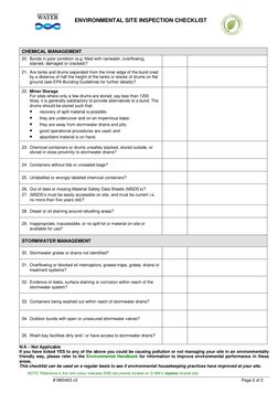 ENVIRONMENTAL SITE INSPECTION CHECKLIST 
 
 
 
 
#1860453 v3 
 
Page 2 of 2  
 
 
CHEMICAL MANAGEMENT  
20. Bunds in po