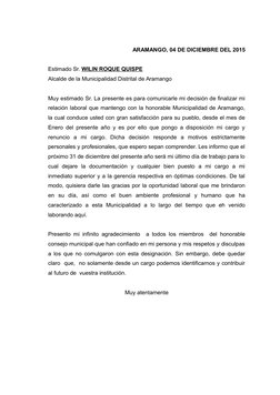 ARAMANGO, 04 DE DICIEMBRE DEL 2015
Estimado Sr. WILIN ROQUE QUISPE
Alcalde de la Municipalidad Distrital de Aramango
Muy esti