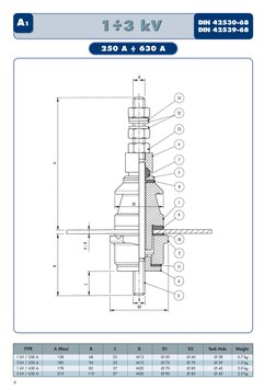 6
TYPE
A (Max)
B
C
D
D1
D2
Tank Hole 
Weight
1 kV / 250 A
138
68
25
M12
Ø 50
Ø 60
Ø 28
0.7 kg
3 kV / 250 A
180
94
25
M12
Ø 75