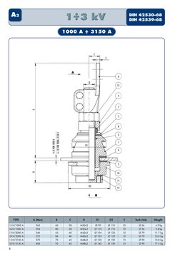 8
TYPE
A (Max)
B
C
D
D1
D2
E
Tank Hole 
Weight
1 kV/1000 A
263
60
28
M30x2
Ø 90
Ø 110
10
Ø 56
4.9 kg
3 kV/1000 A
294
80
28
M3