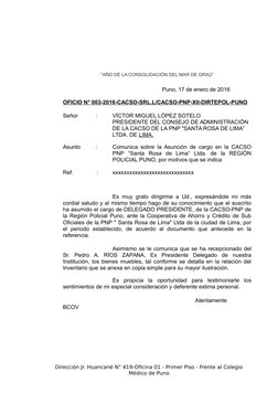 "AÑO DE LA CONSOLIDACIÓN DEL MAR DE GRAÚ”
Puno, 17 de enero de 2016
OFICIO N° 003-2016-CACSO-SRL.L/CACSO-PNP-XII-DIRTEPOL-PUN