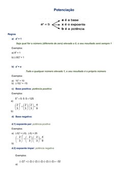Potenciação
Regras
a) a0 = 1
Seja qual for o número (diferente de zero) elevado a 0, o seu resultado será sempre 1
Exemplos: