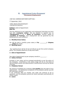 II.
Appointment Letter-Permanent
(Permanent Employment
 
 )
<REF NO: COMPANY/DEPT/MMYY/APPT NO>
7th September, 2012
<Title. N