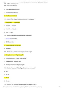 5/1/2016
101 to 194 MCQ Questions for HTML and Web Page Designing  MCQ Sets
110. FTP is an acronym for a. 
File Transaction P