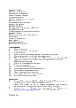 7 
 
First Hour (Week 7) 
Definitions of an algorithm 
Characteristics of an algorithm 
Simple examples of algorithms 
Second