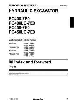 PC400, 450-7E0
1
SEN03580-01
HYDRAULIC EXCAVATOR
1SHOP MANUAL
PC400-7E0
PC400LC-7E0
PC450-7E0
PC450LC-7E0
Machine model
Seria