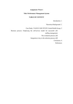 Assignment- Week 1
Title: Performance Management System
TABLE OF CONTENT
1
 .
Introduction
2
 .
Theoretical Background
3
 .
C