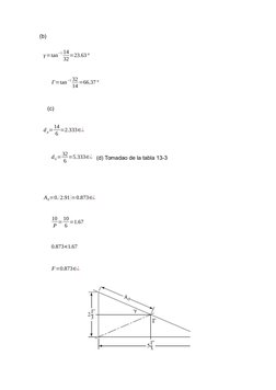(b)
γ=tan
−1 14
32=23.63°
Γ=tan
−1 32
14 =66.37°
(c)
d p=14
6 =2.333∈¿
dG=32
6 =5.333∈¿ (d) Tomadao de la tabla 13-3
A0=0.(2.