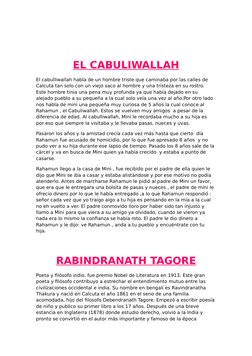 EL CABULIWALLAH
El cabulliwallah habla de un hombre triste que caminaba por las calles de 
Calcuta tan solo con un viejo saco