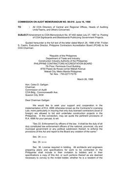 COMMISSION ON AUDIT MEMORANDUM NO. 98-016  June 16, 1998
TO
:
All COA Directors of Central and Regional Offices, Heads of Aud