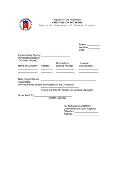 Republic of the Philippines
COMMISSION ON AUDIT
Provincial Government of Misamis Oriental
Project:__________
Location:_______