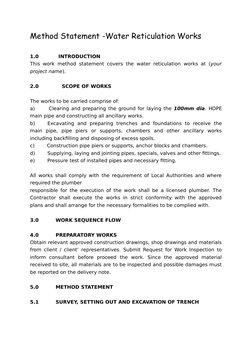 Method Statement -Water Reticulation Works
1.0               INTRODUCTION
This work method statement covers the water reticul