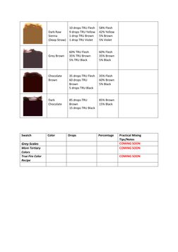  
	  
	  
Dark	  Raw	  
Sienna	  
(Deep	  Straw)	  
	  
10	  drops	  TRU	  Flesh	  
9	  drops	  TRU	  Yello