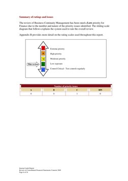 Summary of ratings and issues 
The review of Business Continuity Management has been rated a Low priority for 
Finance due to