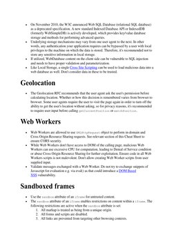  
On November 2010, the W3C announced Web SQL Database (relational SQL database) 
as a deprecated specification. A new stand