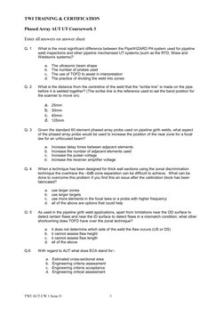 TWI TRAINING & CERTIFICATION
Phased Array AUT UT Coursework 3
Enter all answers on answer sheet
Q. 1
What is the most signifi