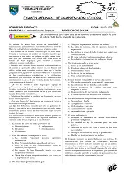 INSTITUCIÓN EDUCATIVA PRIVADA
    “GUADALUPE COLLEGE”
    Santa Rosa
EXAMEN MENSUAL DE COMPRENSIÓN LECTORA 
 
La señora