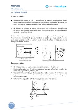 MI50/100N  
 Manual de Usuario. 
 10 
4.- PRECAUCIONES 
 
Si suena la alarma: 
 
• Limpie periódicamente el raíl. La acumulac