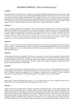 RESUMEN TEMÁTICO: “Diario de Dorian Gray”
Capítulo 1
Lord Henry Wotton Se encuentra en el estudio de su amigo Basil Hallward