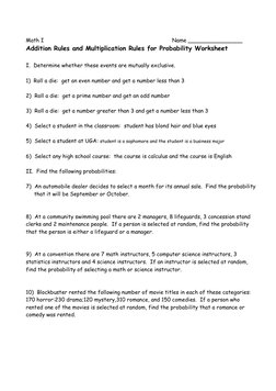 Math I 
 
 
 
 
 
 
 
Name ________________ 
Addition Rules and Multiplication Rules for Probability Worksheet 
 
I.  Determi
