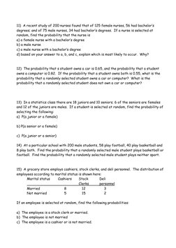 11)  A recent study of 200 nurses found that of 125 female nurses, 56 had bachelor’s 
degrees; and of 75 male nurses, 34 had