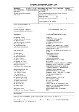 INFORMACIÓN COMPLEMENTARIA 
 
Documento: 
NTE INEN 2 335 
TITULO: LECHE LARGA VIDA. MÉTODO PARA CONTROL 
DE LA ESTERILIDAD