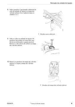 03:04-01
 Scania CV AB 2002, Sweden
9
8
Solte o parafuso 1 que prende a admissão do 
cabo da unidade de injeção na tampa das