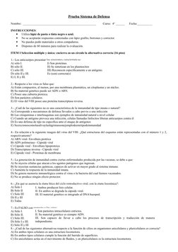 Prueba Sistema de Defensa
Nombre:  _________________________________________________         Curso:  4° ______      Fecha:___