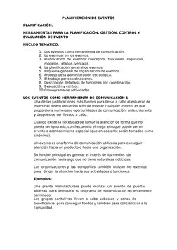 PLANIFICACIÓN DE EVENTOS
PLANIFICACIÓN.
HERRAMIENTAS PARA LA PLANIFICACIÓN, GESTIÓN, CONTROL Y 
EVALUACIÓN DE EVENTO
NÚCLEO T