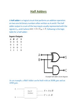 Half Adders 
 
A half adder is a logical circuit that performs an addition operation 
on two one-bit binary numbers often wri