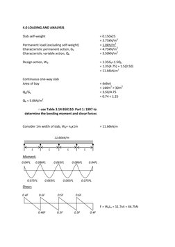 4.0 LOADING AND ANALYSIS 
 
Slab self-weight  
 
Permanent load (excluding self-weight)  
Characteristic permanent action,