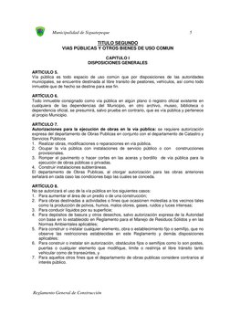 Municipalidad de Siguatepeque  
5
 
 
 
 Reglamento General de Construcción 
TITULO SEGUNDO 
VIAS PÚBLICAS