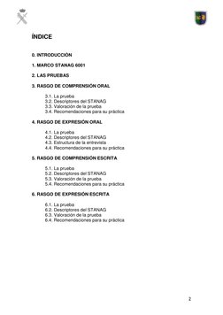 2 
 
ÍNDICE 
 
 
0. INTRODUCCIÓN 
 
1. MARCO STANAG 6001 
 
2. LAS PRUEBAS 
 
3. RASGO DE COMPRENSIÓN ORAL 
 
 
3.1. La p