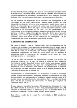 El autor del instrumento, distingue dos tipos de ansiedad social: ansiedad frente
a la interacción y ansiedad frente a la aud