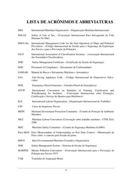 vi 
LISTA DE ACRÓNIMOS E ABREVIATURAS 
IMO 
International Maritime Organization - (Organização Marítima Internacional) 
SOLAS