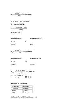𝑋𝐶= 0,08 𝑚3 ∗1
1,5 𝑚3
= 𝟎, 𝟎𝟓𝟑 𝒎𝟑 
 
𝑃= 1400𝑘𝑔/𝑚3 ∗0,053𝑚3 
PCEMENTO = 74,67 kg 
𝑃𝑐= 74,67 𝑘𝑔∗1 𝑆𝑎𝑐𝑜
5