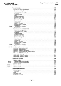 TC  2
TABLE OF CONTENTS
Page
Dynapac Compaction Equipment AB
Transmission
126
Transmission Up to SN 23620307
128
Converter ho