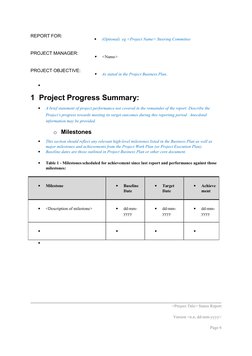 REPORT FOR:

(Optional)  eg <Project Name> Steering Committee
PROJECT MANAGER:

<Name>
PROJECT OBJECTIVE:

As stated in