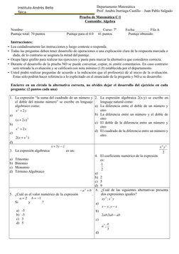 Instituto Andrés Bello 
Talca
Prueba de Matemática C/1
Contenido: Algebra
Nombre: ___________________________________________