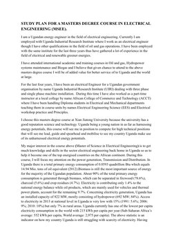 STUDY PLAN FOR A MASTERS DEGREE COURSE IN ELECTRICAL 
ENGINEERING (MSEE).
I am a Ugandan energy engineer in the field of elec