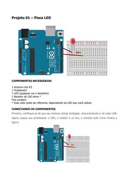 Projeto 01 – Pisca LED 
 
 
 
COMPONENTES NECESSÁRIOS 
 
1 Arduino Uno R3 
1 Protoboard 
1 LED (qualquer cor e tamanho)