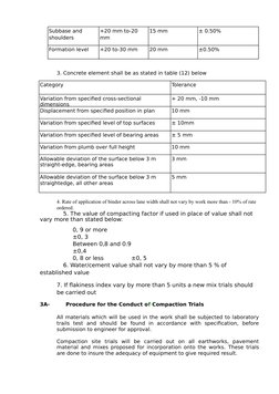 Subbase and 
shoulders
+20 mm to-20 
mm
15 mm
± 0.50%
Formation level
+20 to-30 mm
20 mm
±0.50%
3. Concrete element shall be