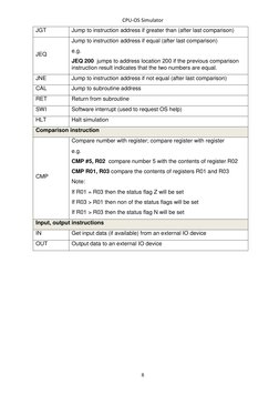 CPU-OS Simulator 
8 
JGT 
Jump to instruction address if greater than (after last comparison) 
JEQ 
Jump to instruction addre