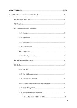 CHAPTER FOUR………………………………………………………………….......21-30
4. Health, Safety and Environmental (HSE) Plan…………………………..……………21
4.1. Aim
