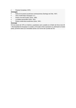 
Poesías Completas (1972) (https://www.ecured.cu/1972)
Antologías

Índice de la poesía ecuatoriana contemporánea (Santiago